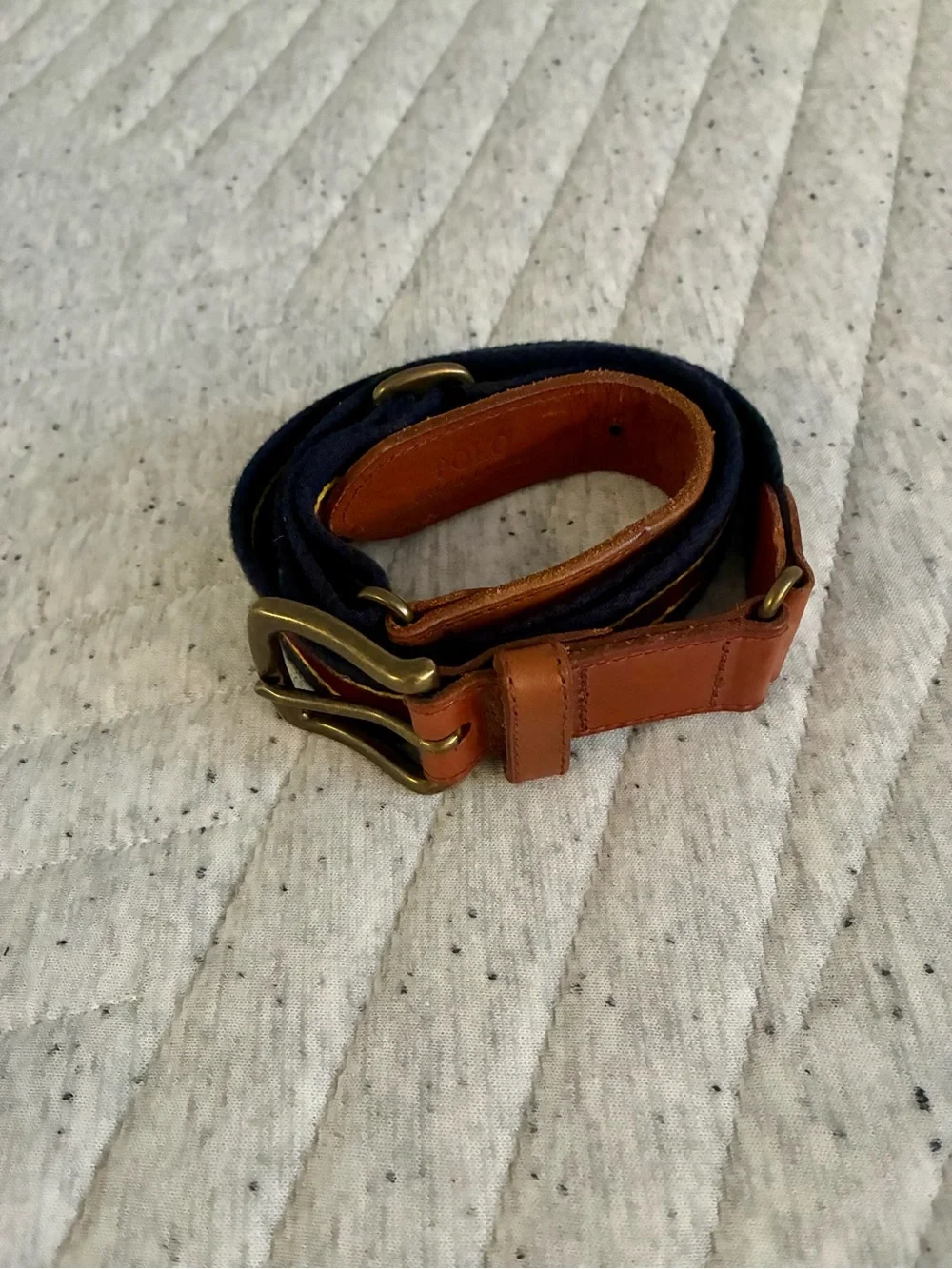 Polo by Ralph Lauren Navy Fabric and Tan Leather Belt with Brass Buckle - Picture 1 of 5